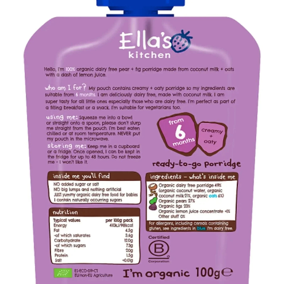 Ella's Kitchen Organic Dairy Free Pear & Fig Porridge Baby Food Pouch 6+ months 100g