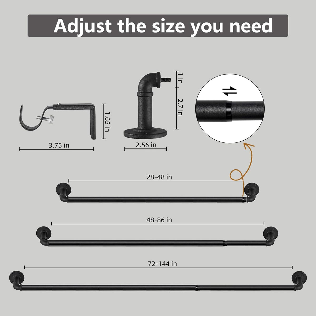 Black Extendable Curtain Poles 67–122cm – 2 Pack Industrial Rods for Eyelets