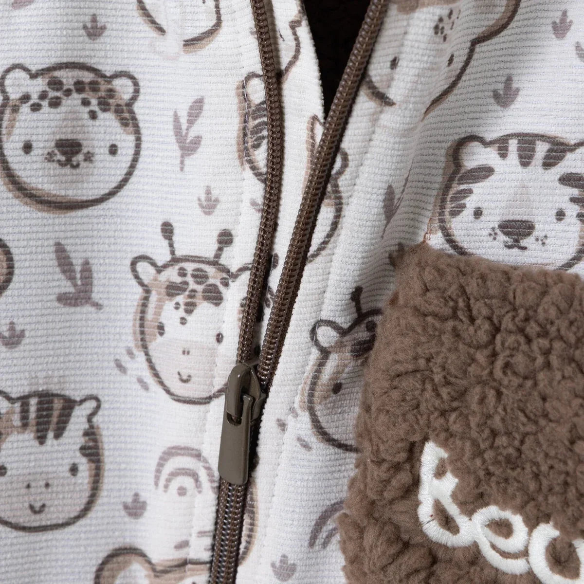 Midimod Animal Print Hooded Lined Fleece Baby Pramsuit (1-3 Months to 12 Months) - Ecru Printed