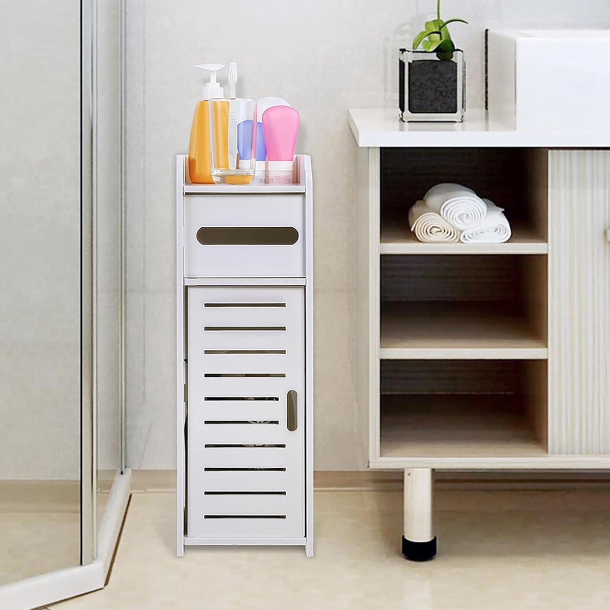 Small Bathroom Cabinet White 3 Tier Freestanding Tissue Box Storage Ejoyous
