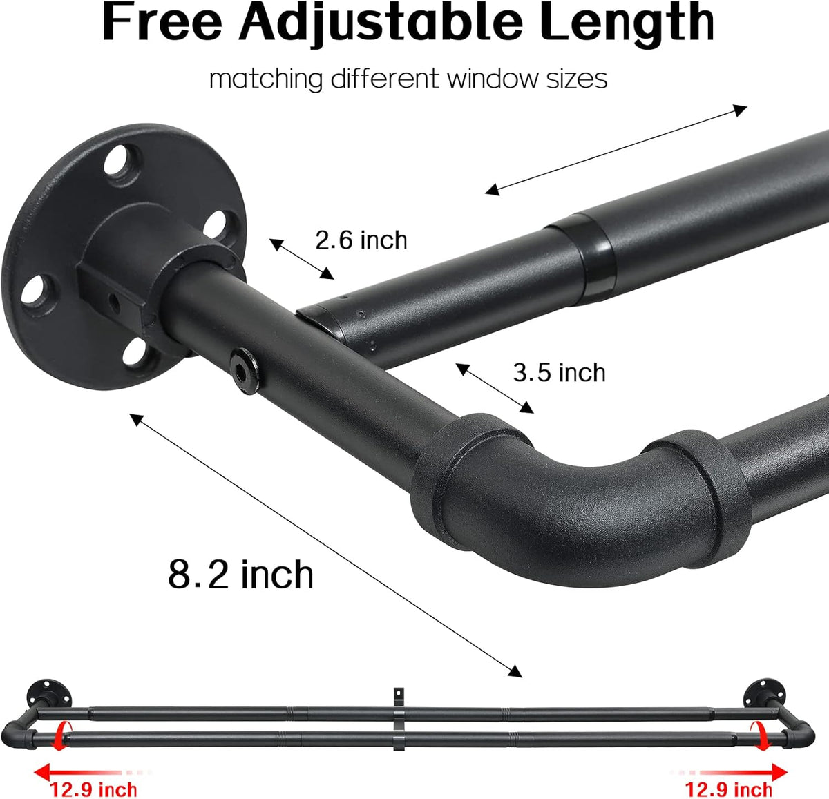 Harrms Double Curtain Pole 74–236cm – Black Extendable Rod for Eyelet Curtains