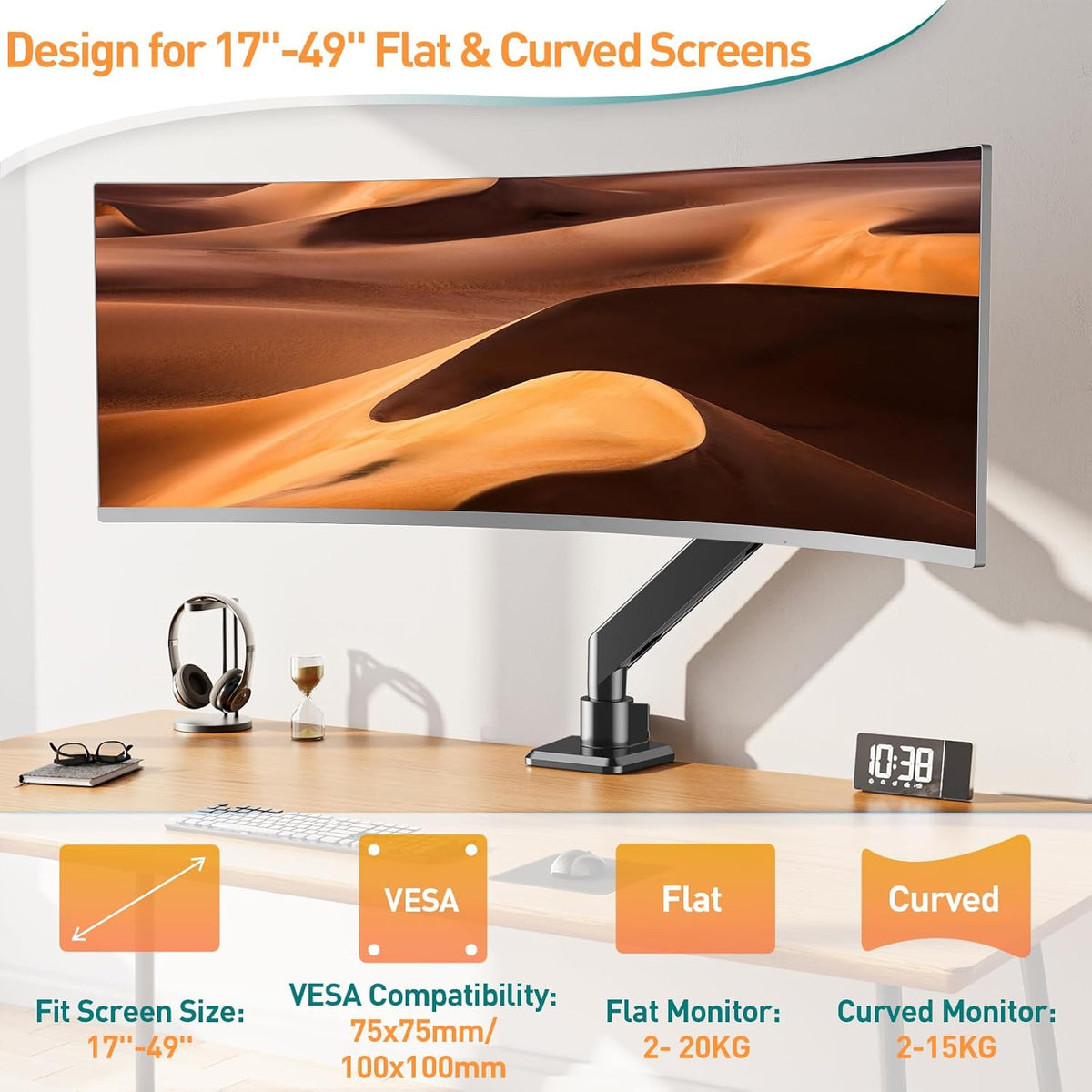 Ultrawide Monitor Arm 17-49 Inch Heavy Duty Gas Spring Mount ELIVED