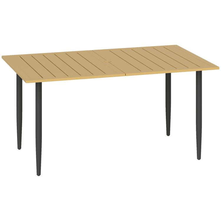 Garden Dining Table, 150 x 90 cm Rectangle Outdoor Table with 5 cm Parasol Hole, Slatted Tabletop and Steel Frame for Patio Balcony, (Table Only) Brown