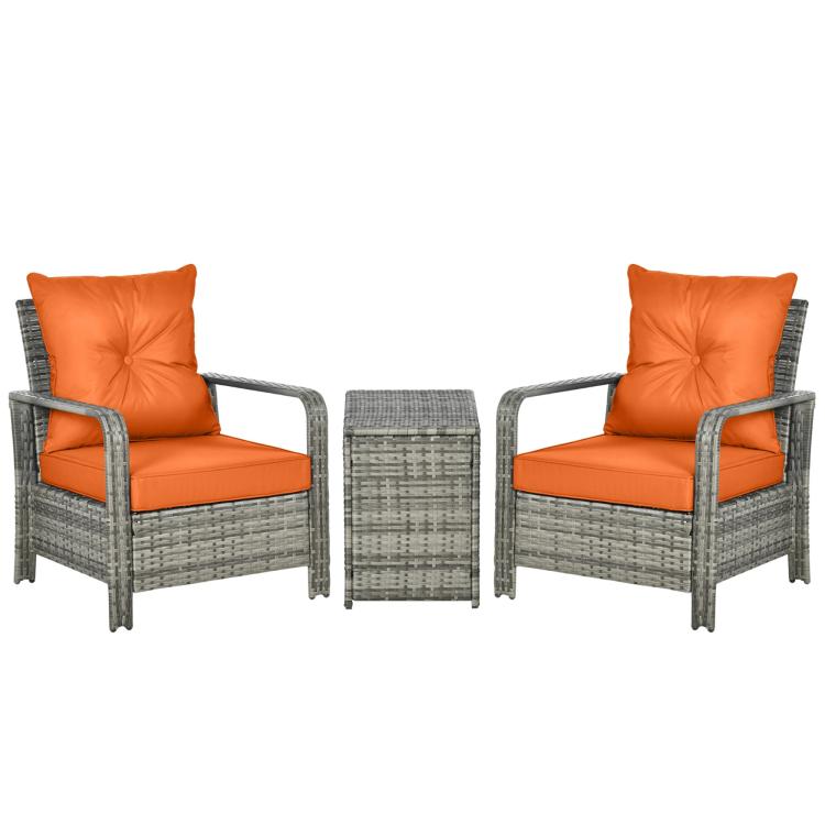 3 Pieces Rattan Bistro Set, Wicker Garden Furniture Set with 72 L Storage Coffee Table and Chairs, Orange
