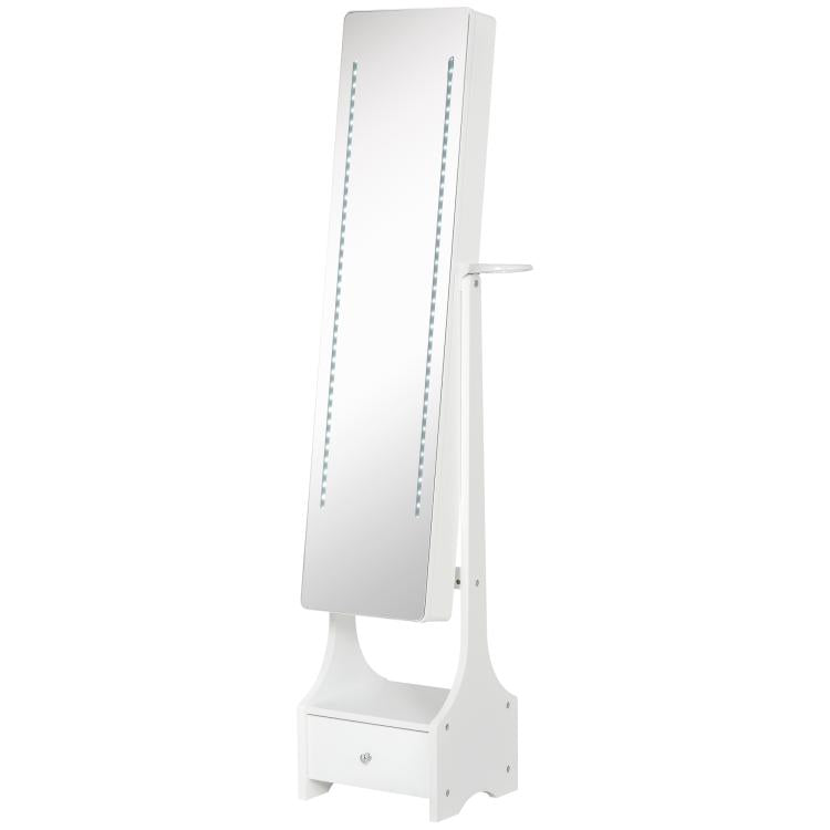 Jewellery Cabinet, Full Length Mirror with Storage, Free Standing Mirror with LED Lights, Hooks, Drawer and Hairdryer Holder for Bedroom, White