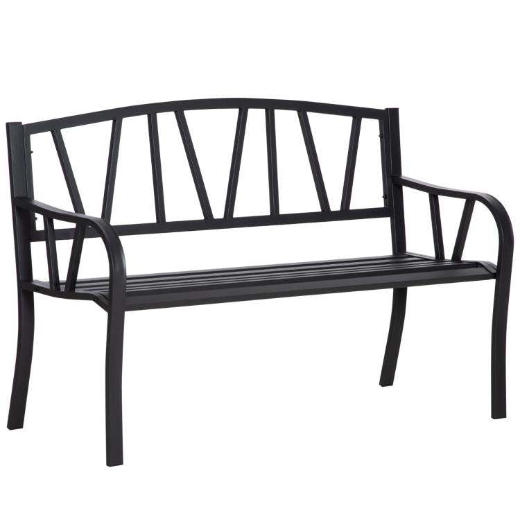 2-Seater Garden Bench Metal Loveseat w/ Decorative Backrest Ergonomic Armrest