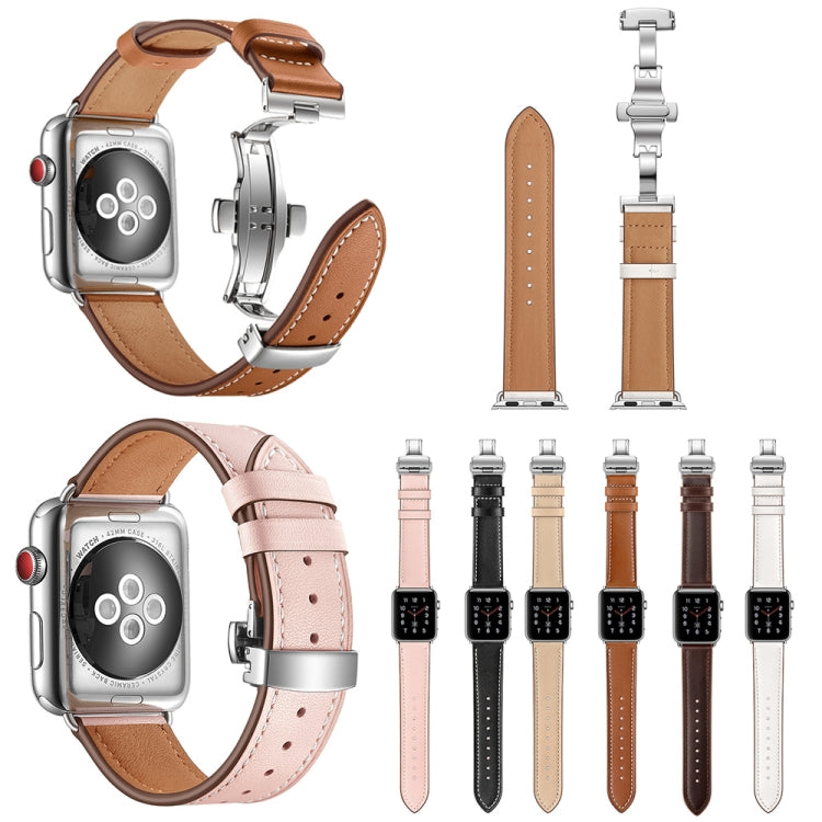 Genuine Leather + Butterfly Silver Buckle Replacement Watchbands For Apple Watch Series 6 & SE & 5 & 4 44mm / 3 & 2 & 1 42mm, Silver Buckle For Apple Watch Series 7 45mm / 6 & SE & 5 & 4 44mm / 3 & 2 & 1 42mm