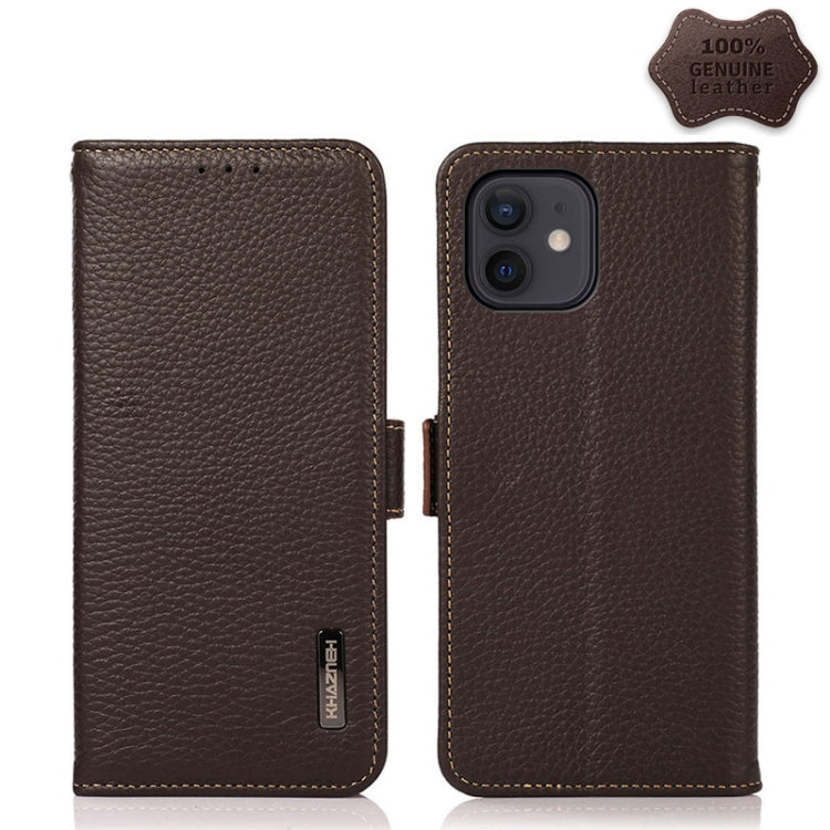 KHAZNEH Side-Magnetic Litchi Genuine Leather RFID Case, For iPhone 13 mini, For iPhone 13, For iPhone 13 Pro, For iPhone 13 Pro Max, For iPhone 12 mini, For iPhone 12 / 12 Pro