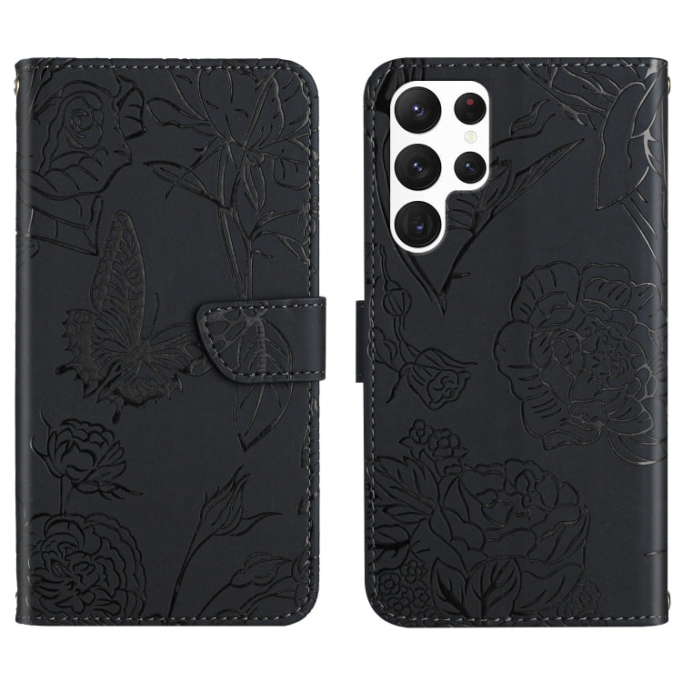 Skin Feel Butterfly Peony Embossed Leather Phone Case, For Samsung Galaxy S22+ 5G, For Samsung Galaxy S22 Ultra 5G