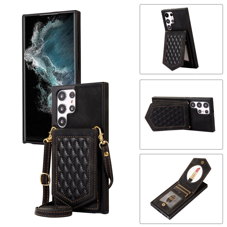Rhombic Texture RFID Phone Case with Lanyard & Mirror, For Samsung Galaxy S21 FE 5G, For Samsung Galaxy S22 Ultra 5G