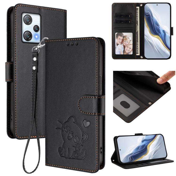 Embossed Heart Cat Leather Phone Case with Hand Strap, For Blackview A53