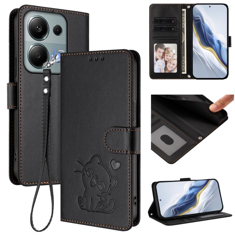 Embossed Heart Cat Leather Phone Case with Hand Strap, For Redmi A5 4G 173.3mm, For Redmi Note 14S 4G / 13 Pro 4G Global