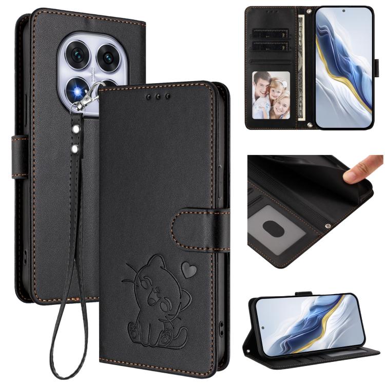 Embossed Heart Cat Leather Phone Case with Hand Strap, For Redmi Note 14 5G India / Xiaomi M7 Pro 5G, For Redmi Note 14 Pro 4G Global