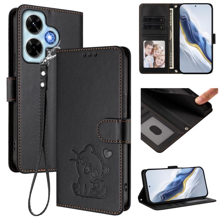 Embossed Heart Cat Leather Phone Case with Hand Strap, For Redmi 13C 4G / 5G / Xiaomi Poco C65, For Redmi Note 13 4G Global