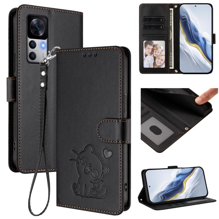 Embossed Heart Cat Leather Phone Case with Hand Strap, For Redmi 10 5G / 10 Prime+ 5G India, For Redmi K50 Ultra / Xiaomi 12T / 12T Pro