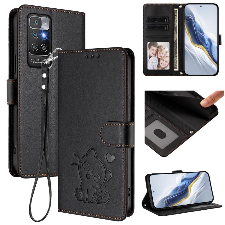 Embossed Heart Cat Leather Phone Case with Hand Strap, For Redmi 10 2022