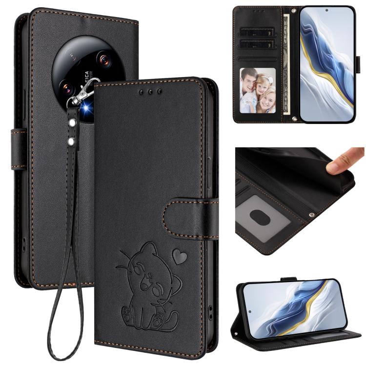 Embossed Heart Cat Leather Phone Case with Hand Strap, For Xiaomi 13T / 13T Pro 5G, For Xiaomi 13 Ultra