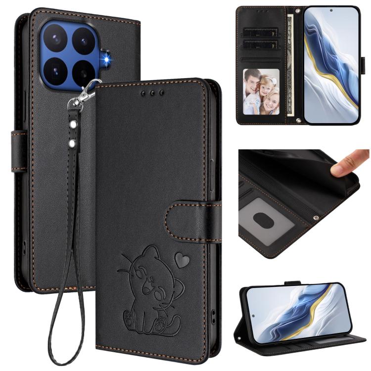 Embossed Heart Cat Leather Phone Case with Hand Strap, For Xiaomi 17 Max 5G, For Xiaomi 17T Pro 5G