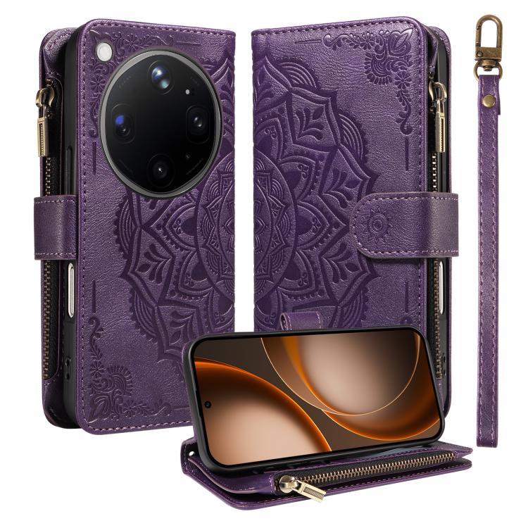 Mandala Embossed 9-Card Zipper RFID Vegan Leather Phone Case with Short Lanyard, For OPPO Reno16 FS 5G, For OPPO Find X9 Ultra 5G