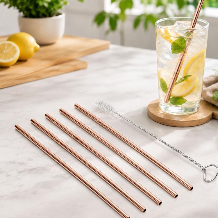 5pcs Reusable Stainless Steel Straight Drinking Straw + Cleaner Brush Set Kit, 266*6mm, 266*6mm (Straight)