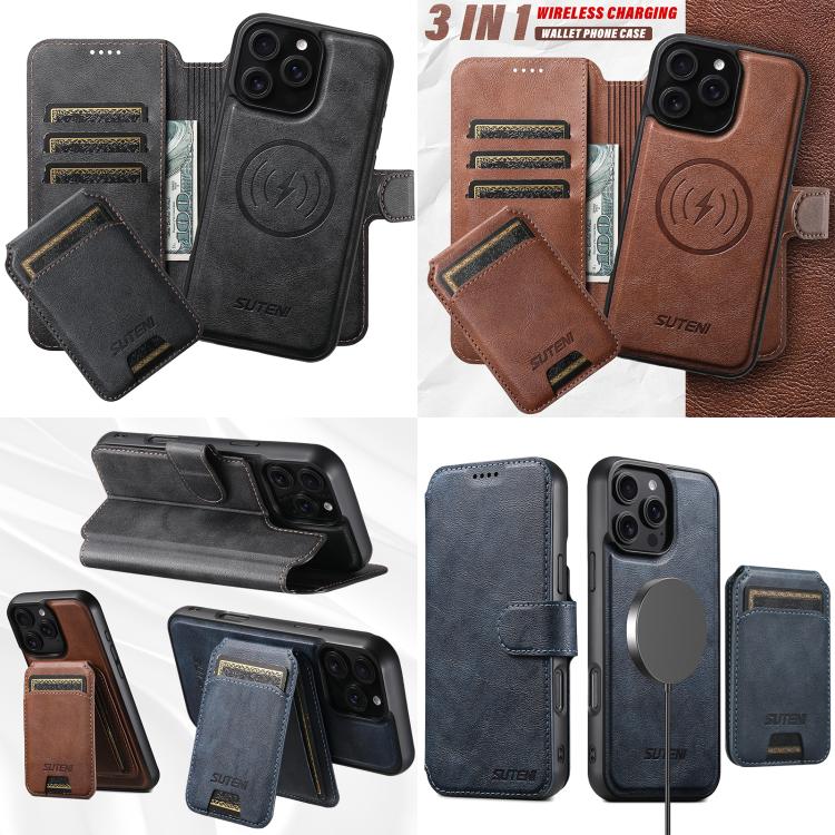Suteni Q05S2 3-in-1 Detachable Vertical Flip Wallet MagSafe Leather Phone Case, For iPhone 16 Pro, For iPhone 16 Plus, For iPhone 16, For iPhone 15 Pro Max, For iPhone 15 Pro, For iPhone 15 Plus, For iPhone 15, For iPhone 14 Plus
