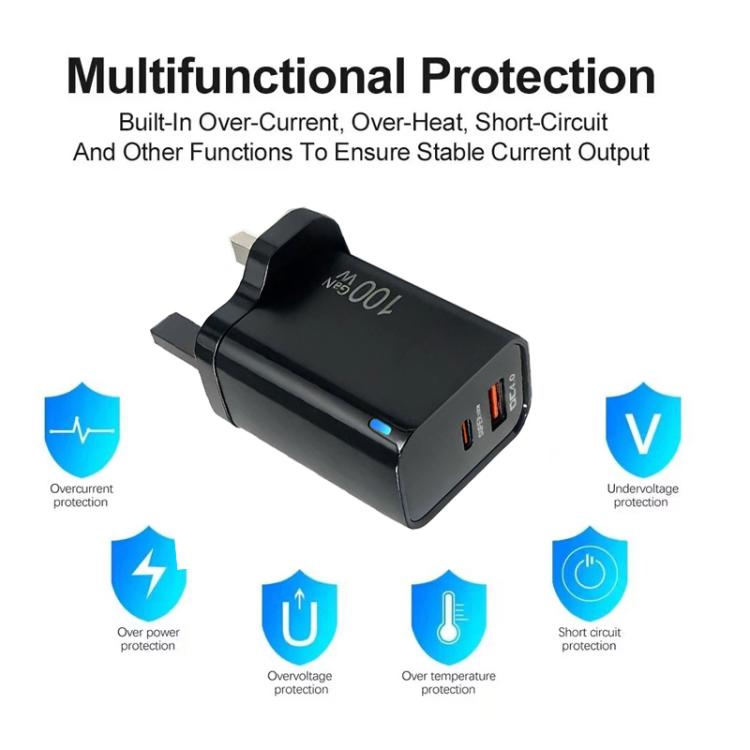 PD47 GaN 100W PD Type-C + QC3.0 USB Charger with Type-C to Type-C Data Cable, UK Plug, UK Plug