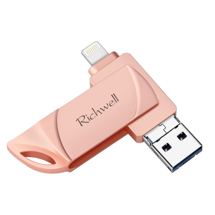 Richwell DXZ128 USB Flash Disk 128G 3 in 1 Micro USB + 8 Pin + USB 3.0 Compatible IPhone & IOS, Black, Silver, Rose Gold