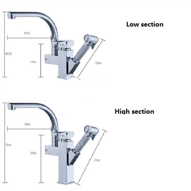 Kitchen Faucet Mixer Tap Single Handle Two Swivel Spouts Hot Cold Water Tap Pull Out Flushing Spray Tap, Low