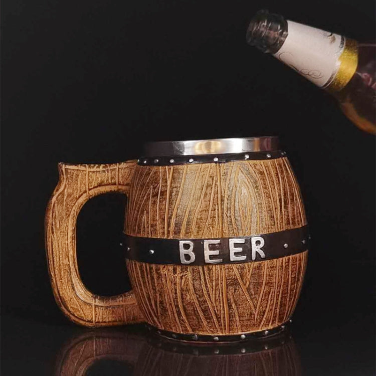 Stainless Steel Wooden Barrel Beer Mug Large Capacity Wine Barrel Cup Personalized Bar Supplies, 550ml