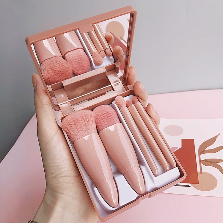 5pcs/Set Medium Portable Makeup Brush Set With Mirror Mini Multifunctional Makeup Brush, Brown, Rose Red, Pink, Fluorescent Green