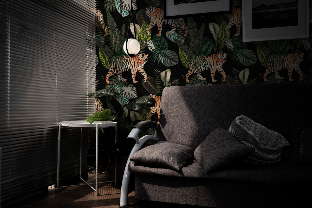 Vintage Botanical Wallpaper | Dark Tropical Plants with Tigers Wall Mural | Peel and Stick or Traditional