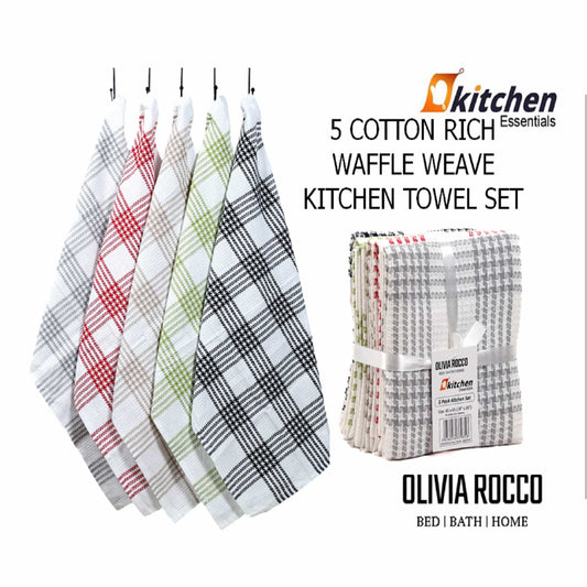 OLIVIA ROCCO Pack of 5 Houndstooth Cotton Tea Towels 45cm X 65cm Super Absorbent Quick