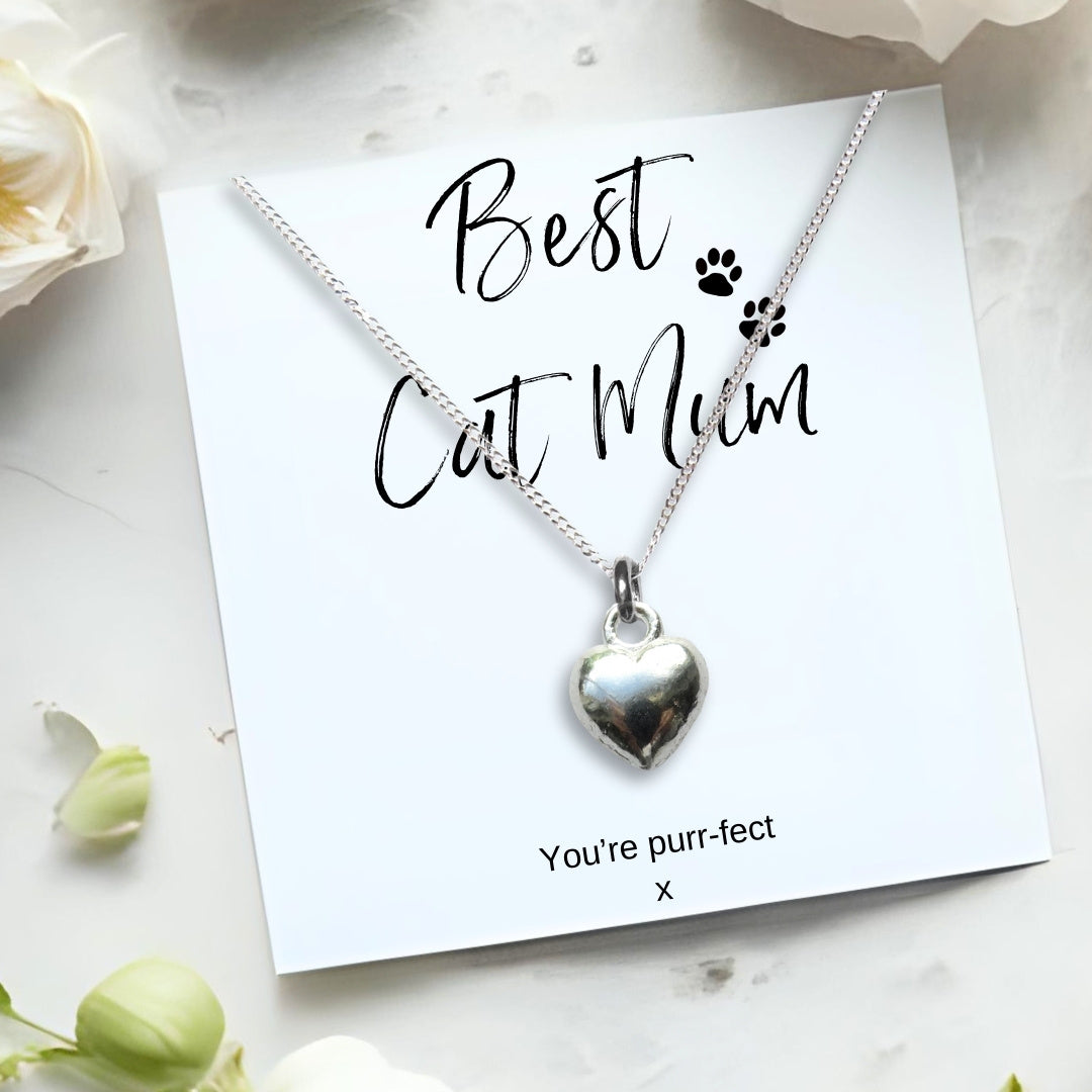 Best Cat Mum Silver Heart Charm Necklace & Gift Card