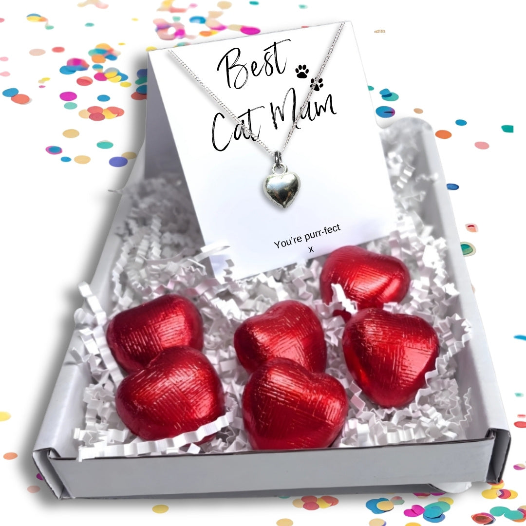 Best Cat Mum Gift Box, Silver Heart Necklace & Chocolate Treats
