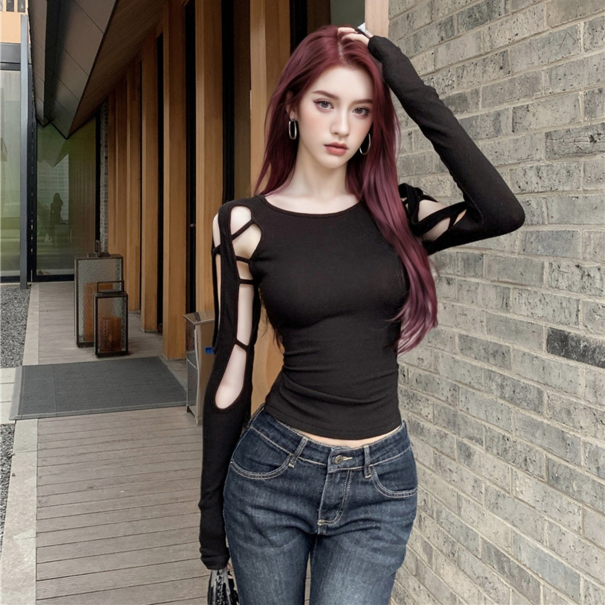 Long-sleeved Off-shoulder Cropped Hollow-out Women's Black T-shirt