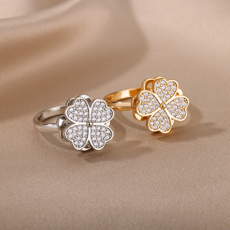 Rotatable Flower Fidget Ring - Rhinestone Spinner Ring