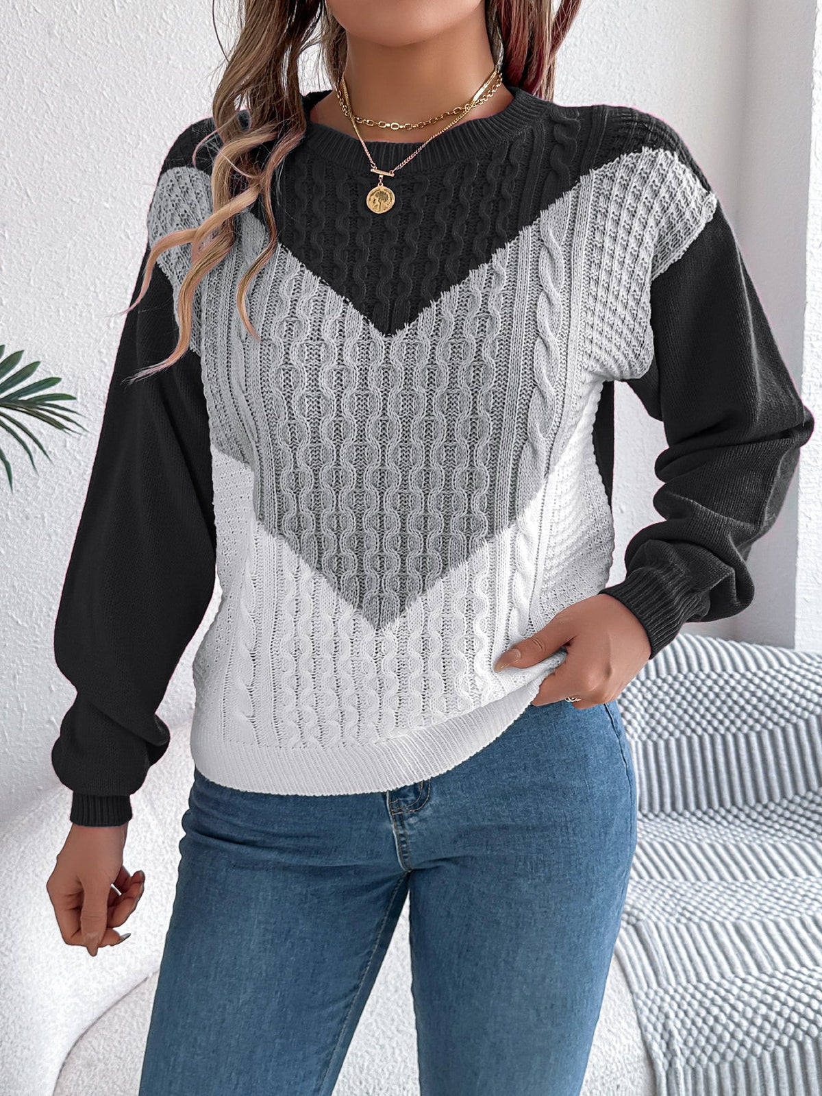Women Casual Color Block Cable Knit Lantern Sleeve Pullover Sweater