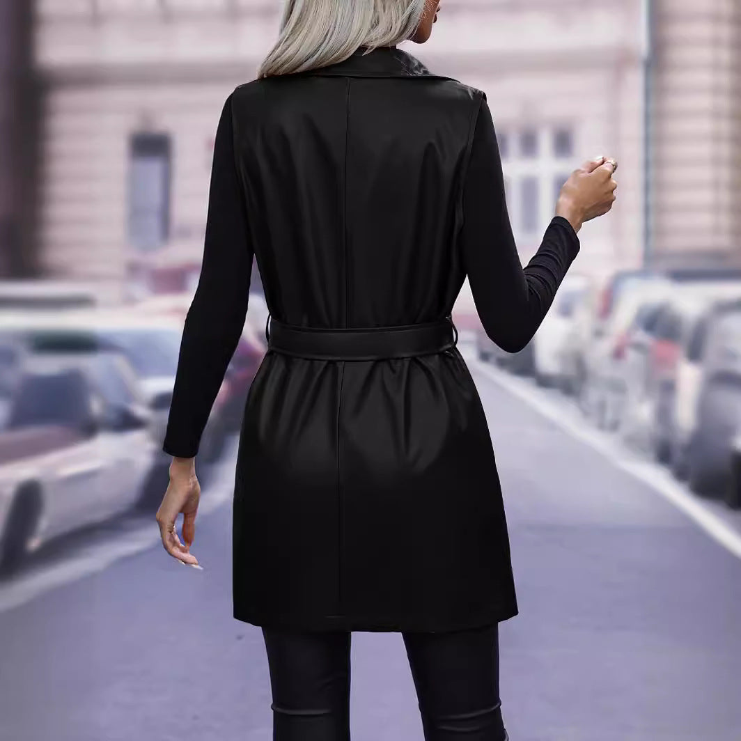PU Leather Cardigan Strap Vest Vest Jacket For Women