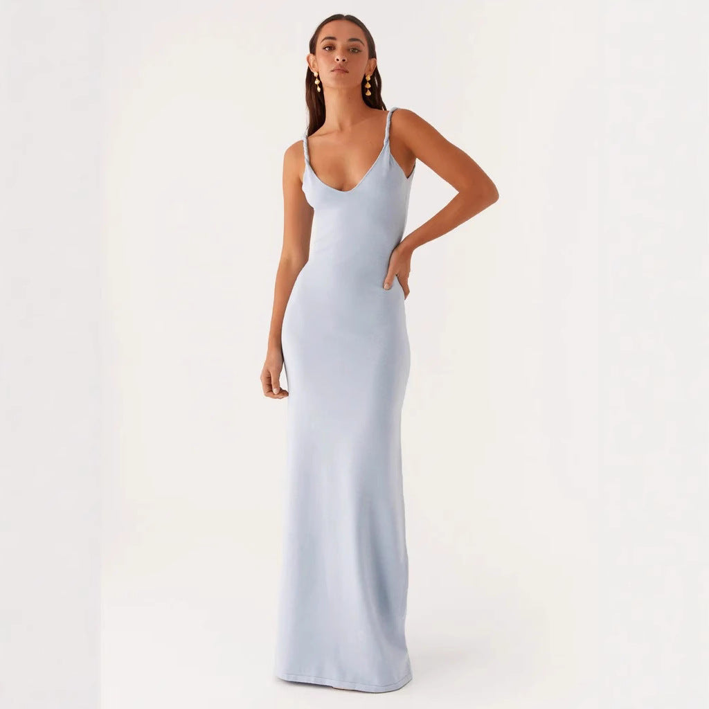 Women's V-neck Backless Bra Sling Midi Dress