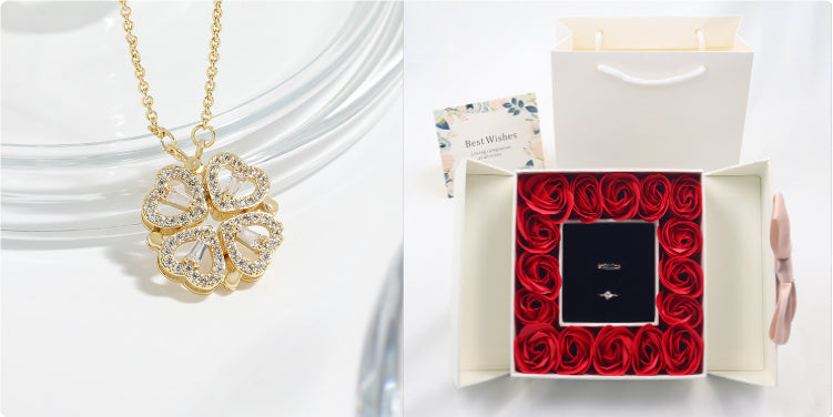 Rose Box Double Door Jewelry Box Valentine's Day Bow Gift Box Necklace Locket