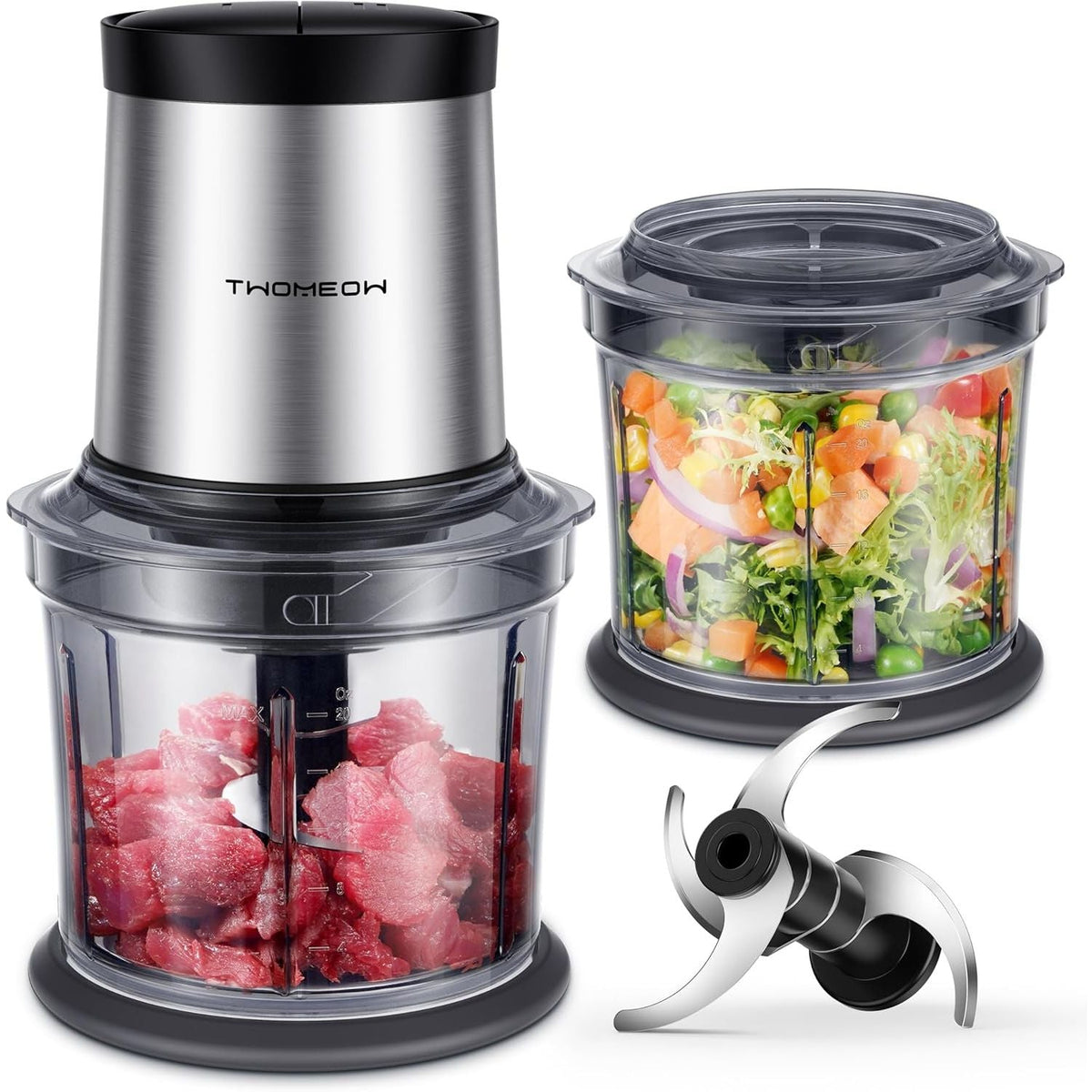 Mini Chopper Food Processor 300W 2x 600ml Bowls 2 Speed Meat Vegetable TWOMEOW