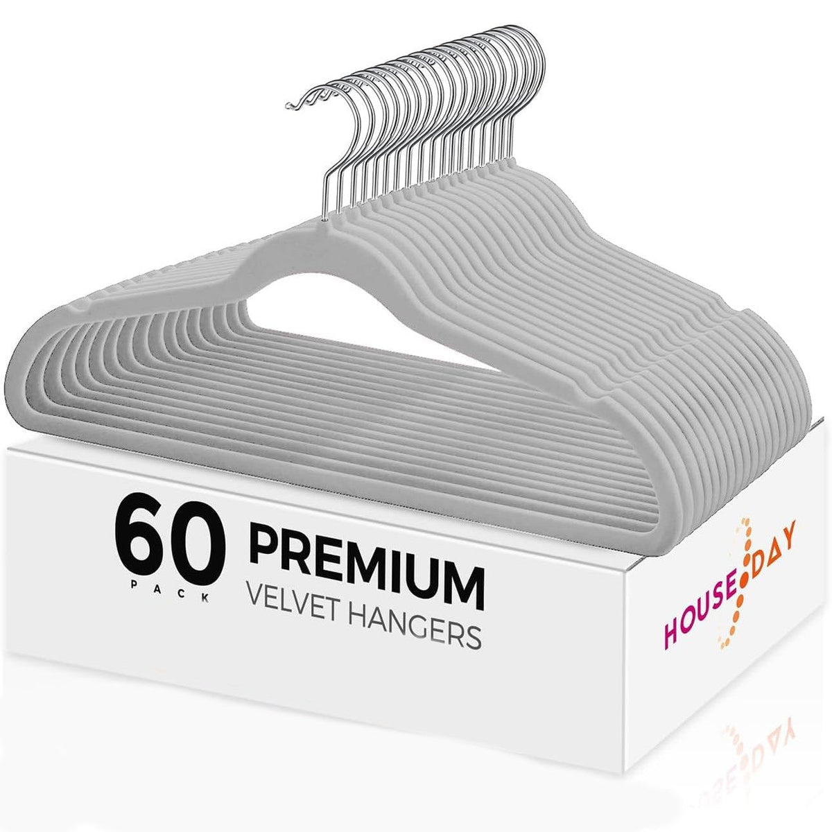 HOUSE DAY 60-Pack Grey Velvet Hangers, Non-Slip, Space-Saving, 360° Rotating