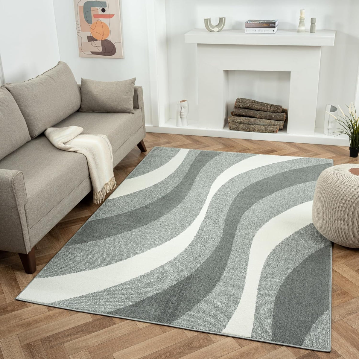 Large Rug 160x230cm Swirl Pattern Short Pile Living Room Area Rug Natural