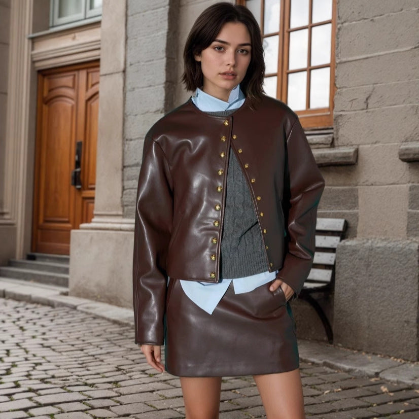 Gold Button Fashion Short Leather Coat