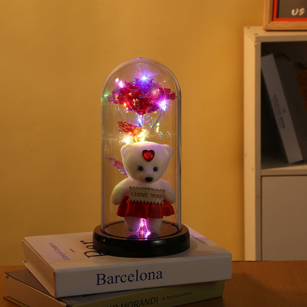Rose Bear Preserved Fresh Flower Glass Cover Valentine's Day LED Light Decoration Gift