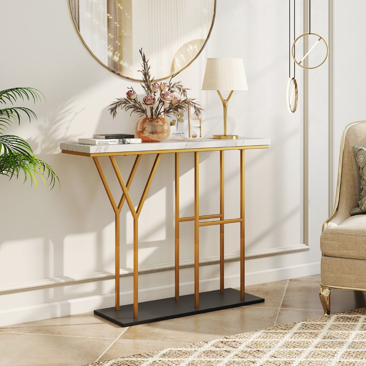 100 CM Console Table with HY-Shaped Metal Frame for Hallway Living Room-White