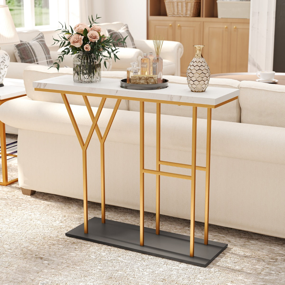 100 CM Console Table with HY-Shaped Metal Frame for Hallway Living Room-White