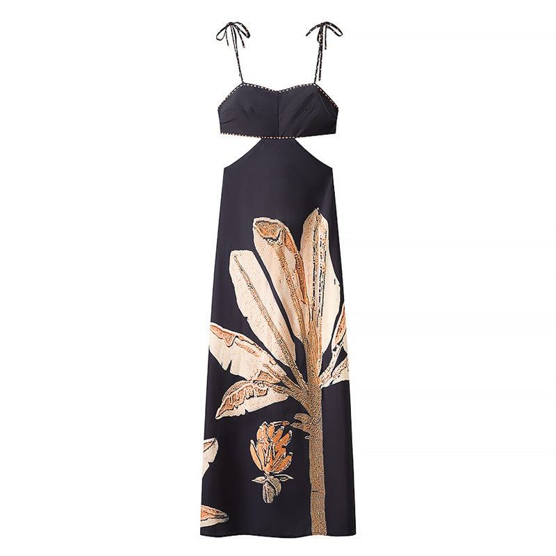 Slim-fit Black Midriff Outfit Backless Suspender Dress