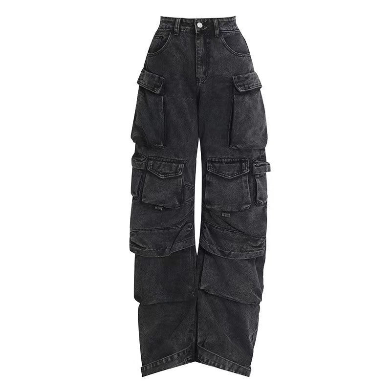High Waist Trousers Street Hipster Multi-pocket Wide Leg Tie-dyed Jeans