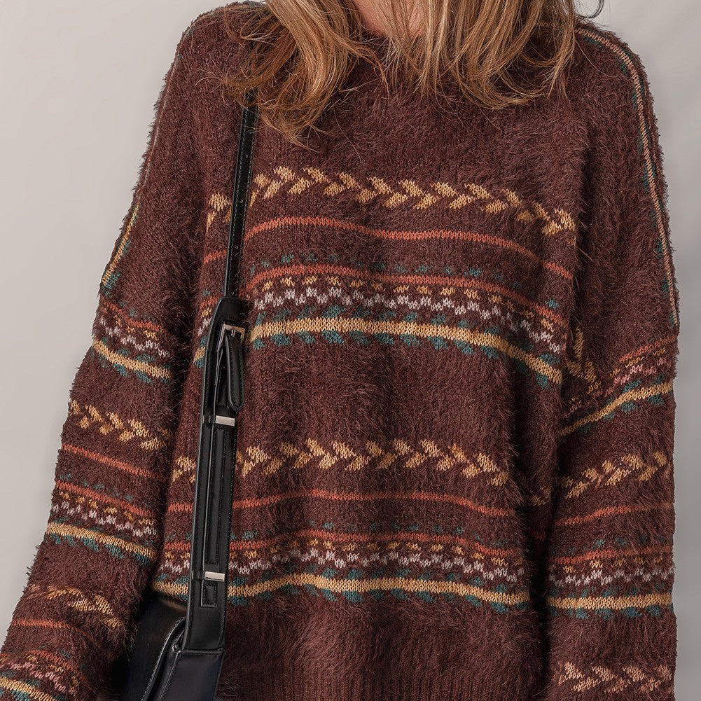 Brown Ethnic Pattern Mohair Knitted Drop Shoulder Sweater